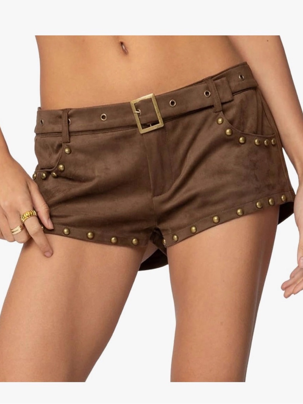 Y2K Studded Belt Micro Shorts Low Rise Rivet Denim Shorts Buckle Mini Bottoms